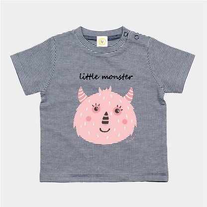 Navy and white striped organic cotton baby t-shirt with pink Little Monster print, 12-18 months.