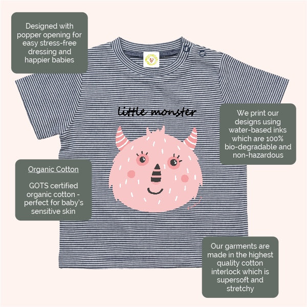 Navy and white striped organic cotton baby t-shirt with pink Little Monster print, 12-18 months.