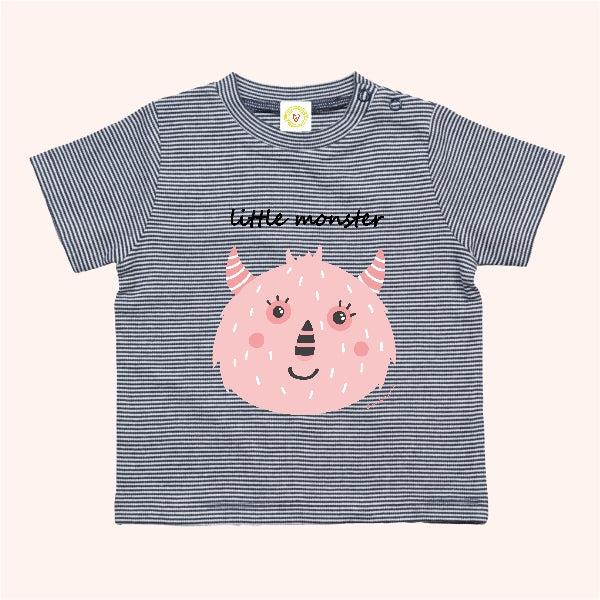 Navy and white striped organic cotton baby t-shirt with pink Little Monster print, 12-18 months.