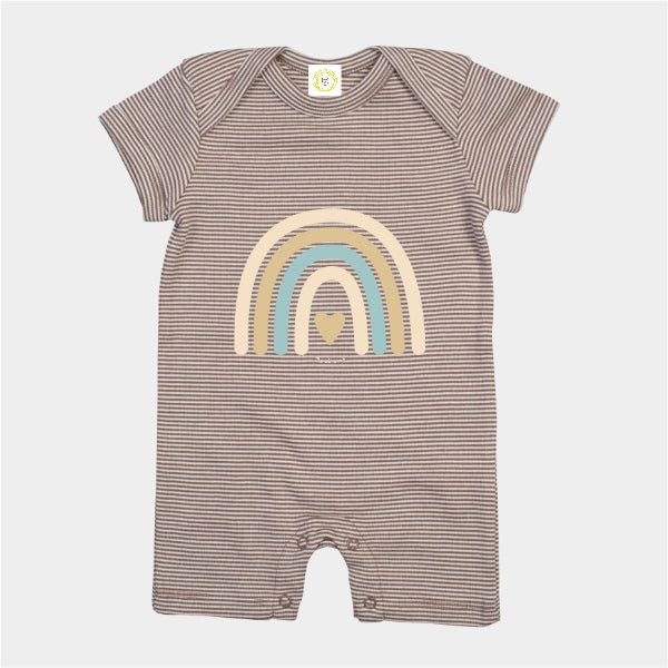 Striped baby romper with rainbow design on a white background