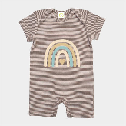 Striped baby romper with rainbow design on a white background
