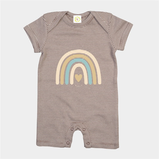 Striped baby romper with rainbow design on a white background