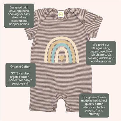 Baby romper with rainbow design and text about organic cotton and printing methods.