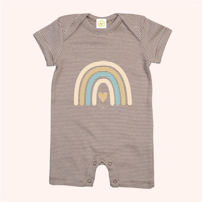 Striped baby romper with rainbow design on a white background