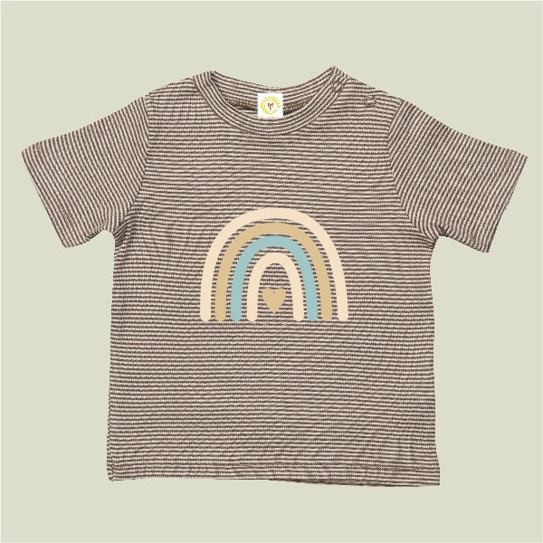 Striped t-shirt with a rainbow design on a beige background