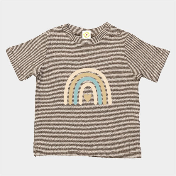 Striped t-shirt with a rainbow design on a light gray background
