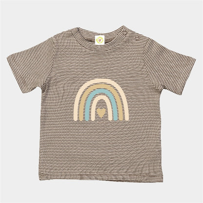 Striped t-shirt with a rainbow design on a light gray background