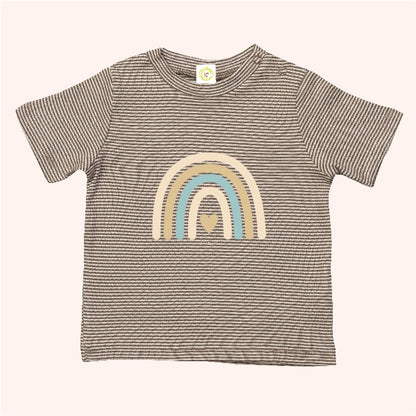 Striped t-shirt with a rainbow design on a white background