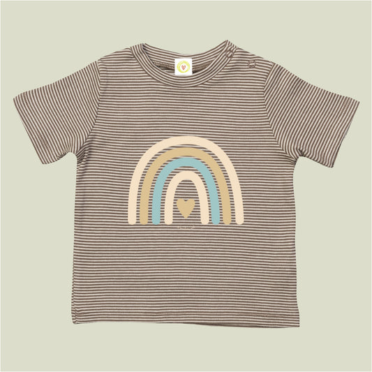 Striped t-shirt with a rainbow design on a beige background