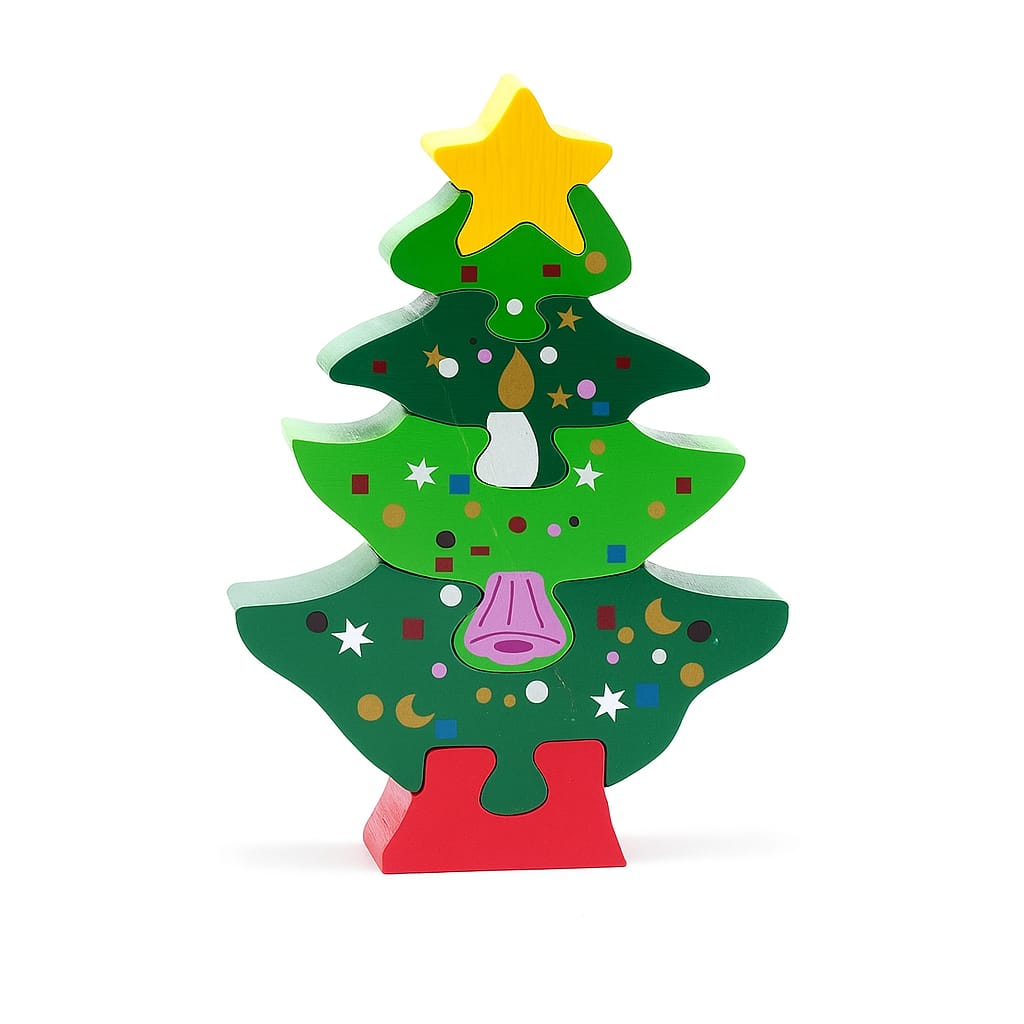 Colorful wooden Christmas tree with star on a white background
