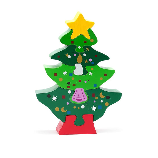 Colorful wooden Christmas tree with star on a white background