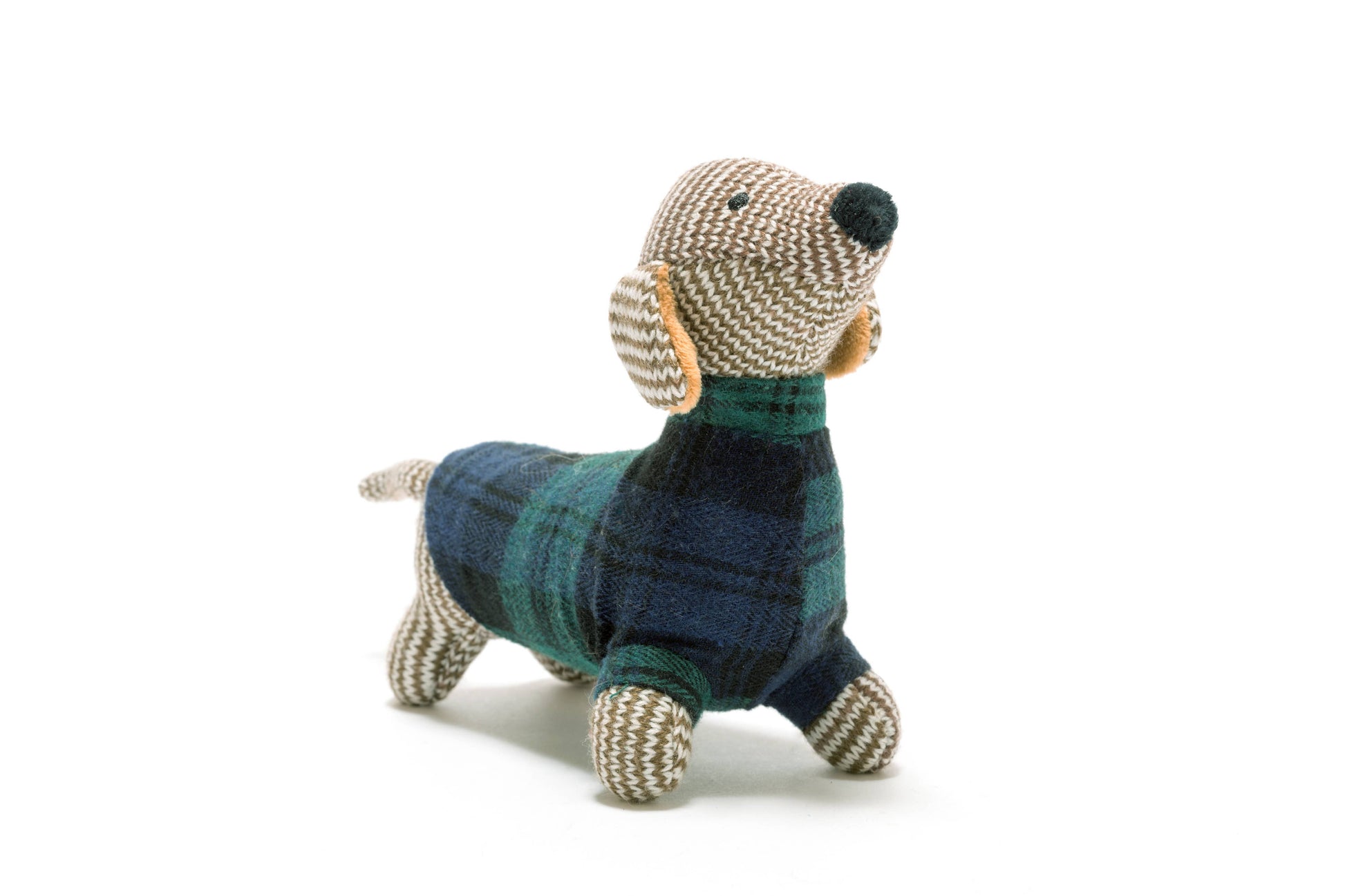 Knitted dog toy with plaid pattern on a white background