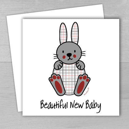 New Baby Card - Cute Tartan Bunny on Recycled Card