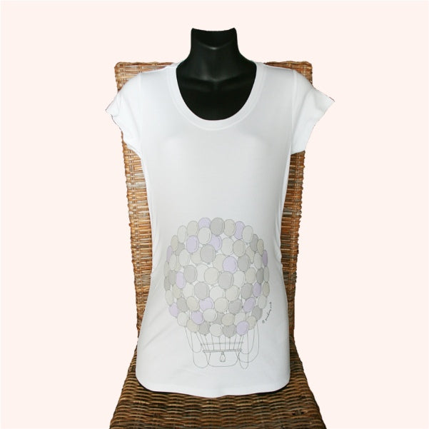 White t-shirt with a graphic design on a mannequin against a white background