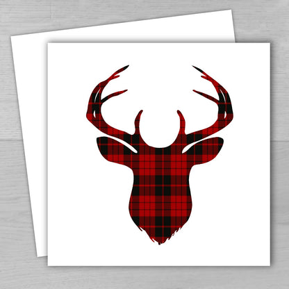 Plaid deer head design on a white card with a gray background