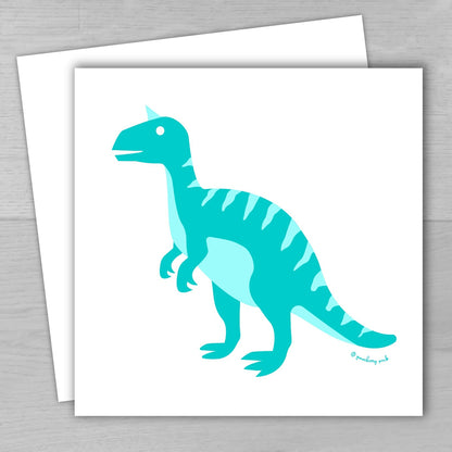 Blue dinosaur illustration on a white card with a gray background