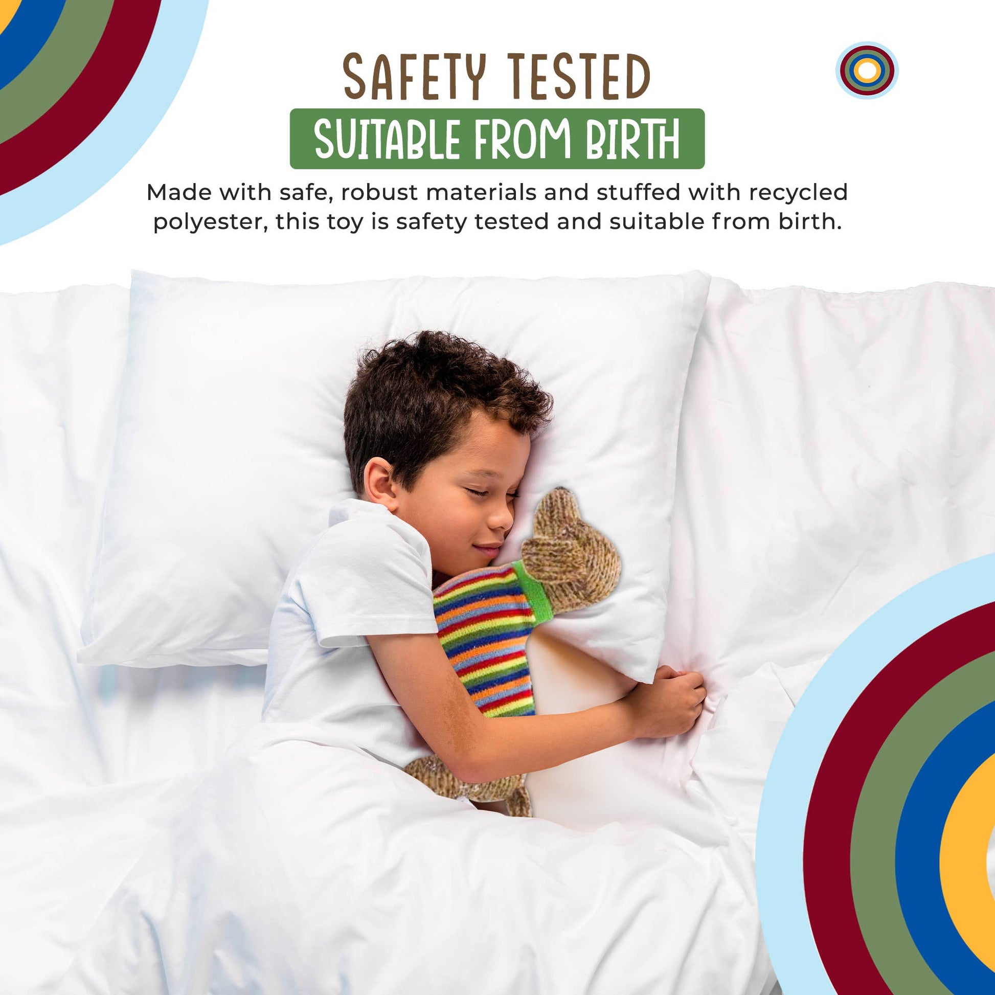 Child sleeping with a toy, surrounded by safety testing and material information text.
