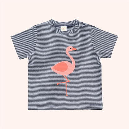 Striped t-shirt with a pink flamingo design on a white background