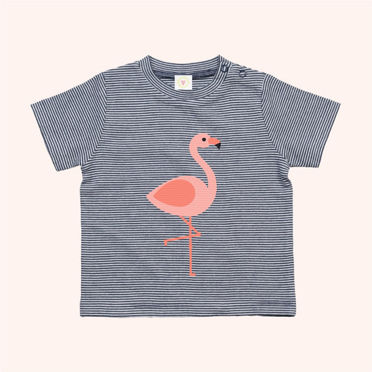 Striped t-shirt with a pink flamingo design on a white background