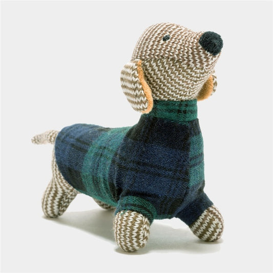 Green Tartan Knitted Sausage Dog Baby Rattle – Newborn Gift