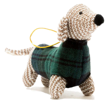 Knitted Dachshund Dog in Tartan Jumper Hanging Ornament